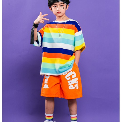 Rainbow striped rapper singers Hip-hop street  jazz dance costumes for girls boys hip-hop suits personality drum performance clothes girls modern dance outfits